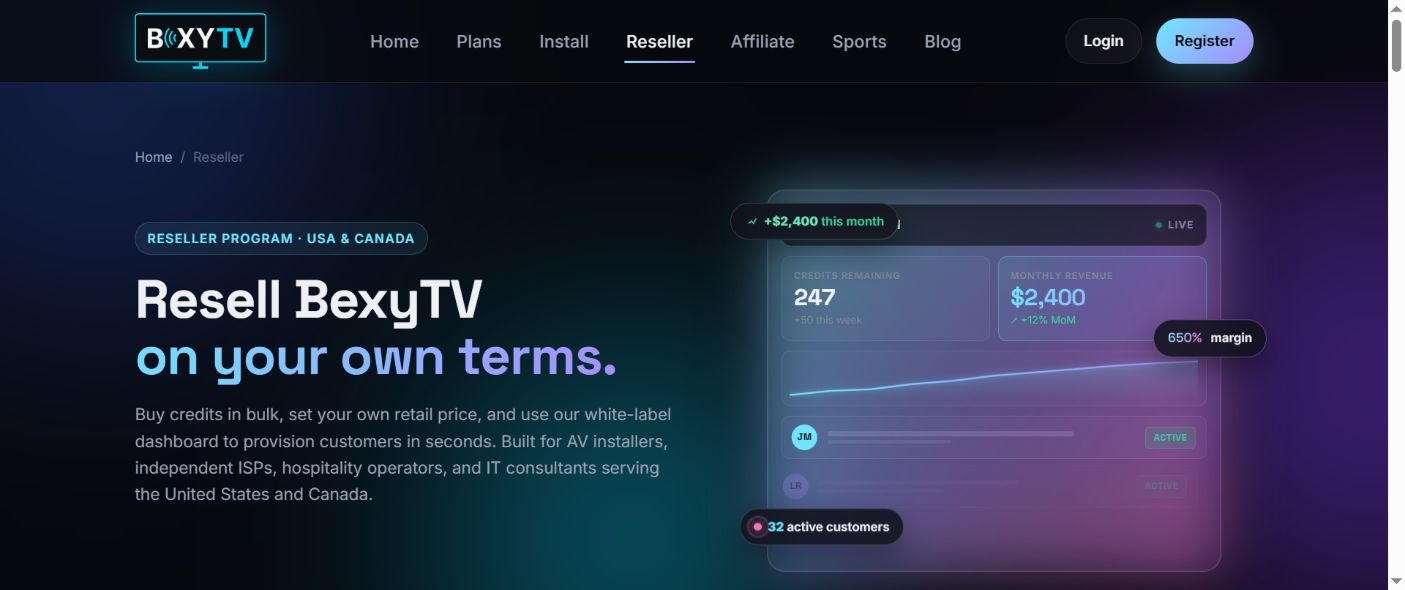 Live screenshot of the official BexyTV IPTV reseller page in 2026