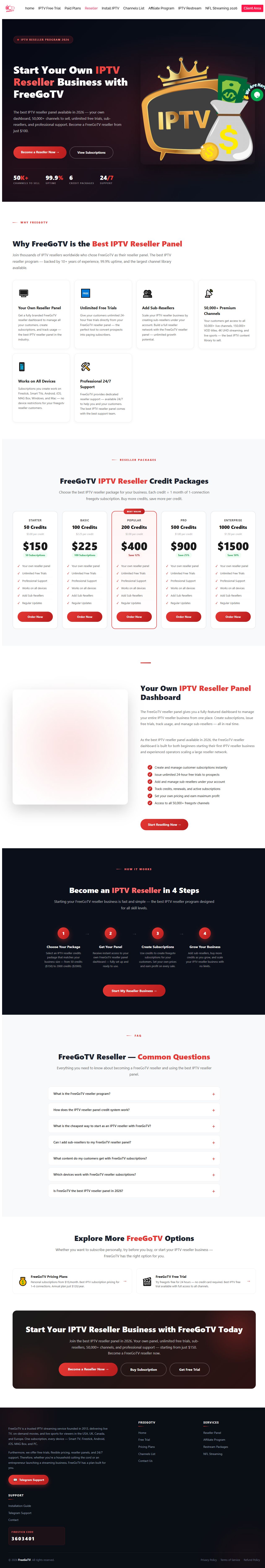 Complete live screenshot of the official FreeGoTV reseller page on freegotv.com