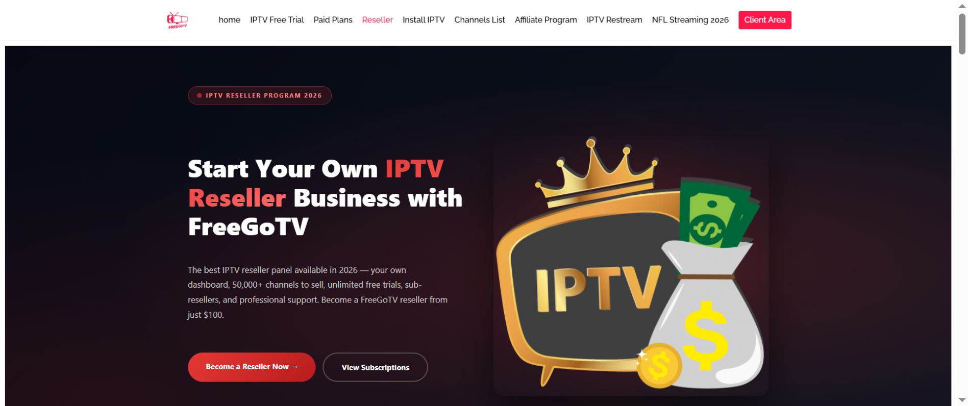 Live screenshot of the official FreeGoTV IPTV reseller page in 2026