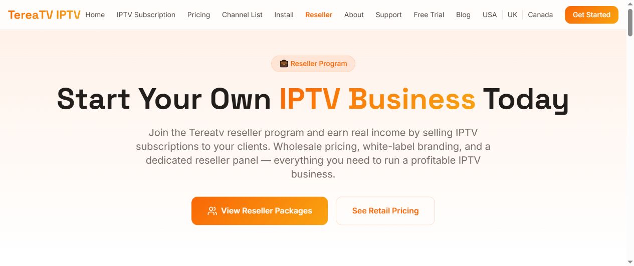 Live screenshot of the official TereaTV IPTV reseller page in 2026