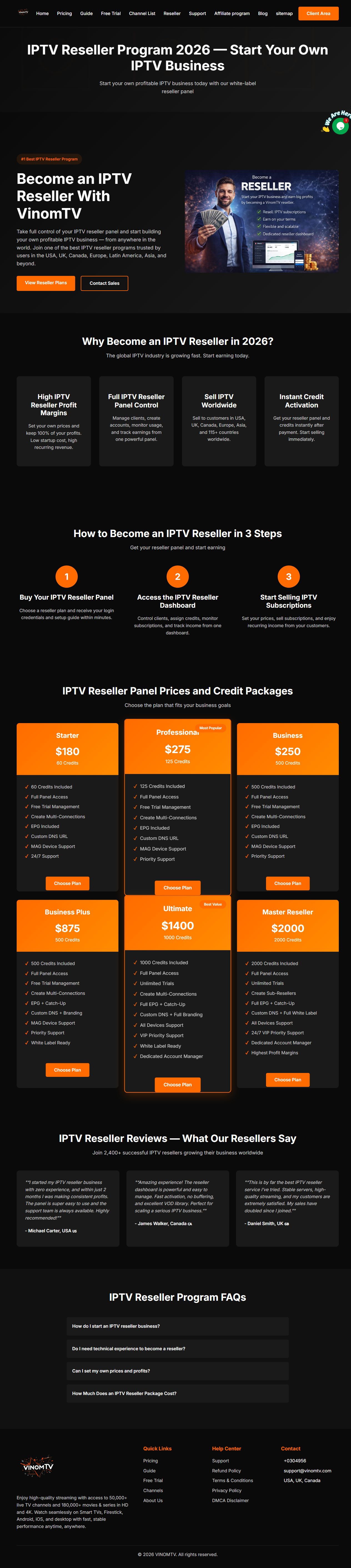 Complete live screenshot of the official VinomTV reseller page on vinomtv.com