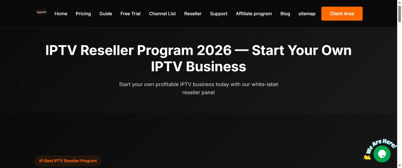 Live screenshot of the official VinomTV IPTV reseller page in 2026